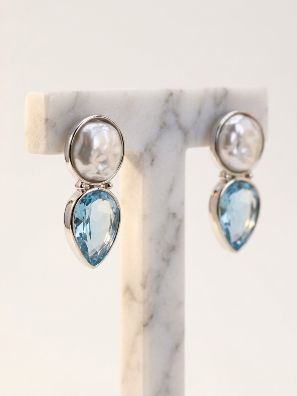 Silver Blue  Teardrop and Pearl Drop Earrings